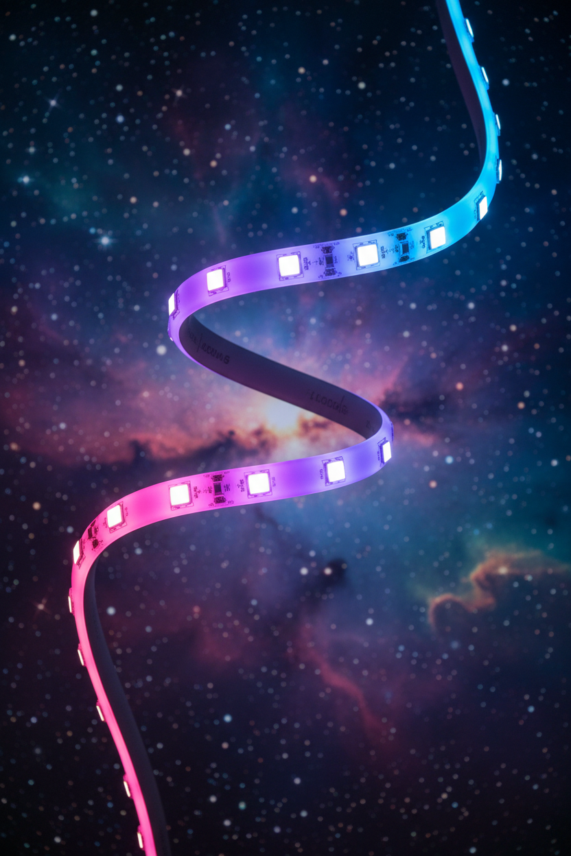 LED strips close-up detail with cosmic background